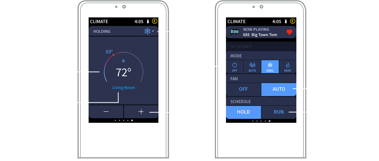 Crestron graphic showing two remote interfaces