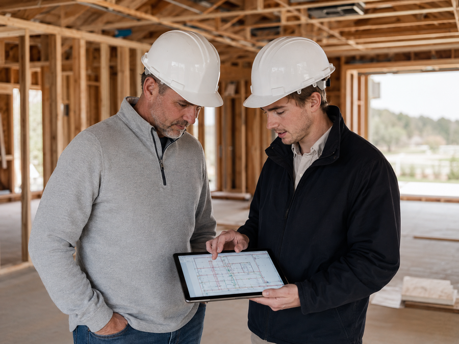 General contractor and low-voltage project manager review a CAD wiring plan on a tablet inside a luxury home under construction.