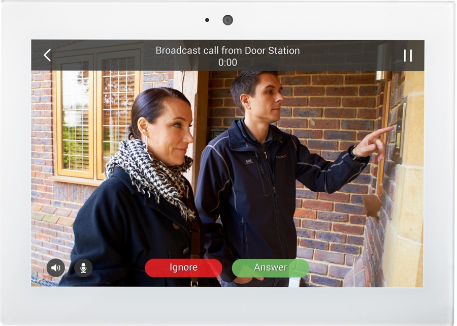 Control4 platform security camera image of two people standing at a home’s front door.