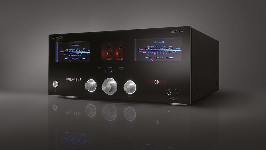 Front view of the Advance Paris A12 Classic audio amplifier featuring two toroidal transformers, a central volume knob, and a classic VU meter.