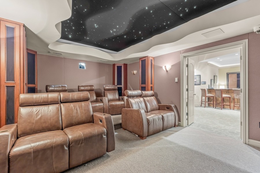 DomesAV custom home theater room with fiberoptic starlight ceiling and oversized leather seating.