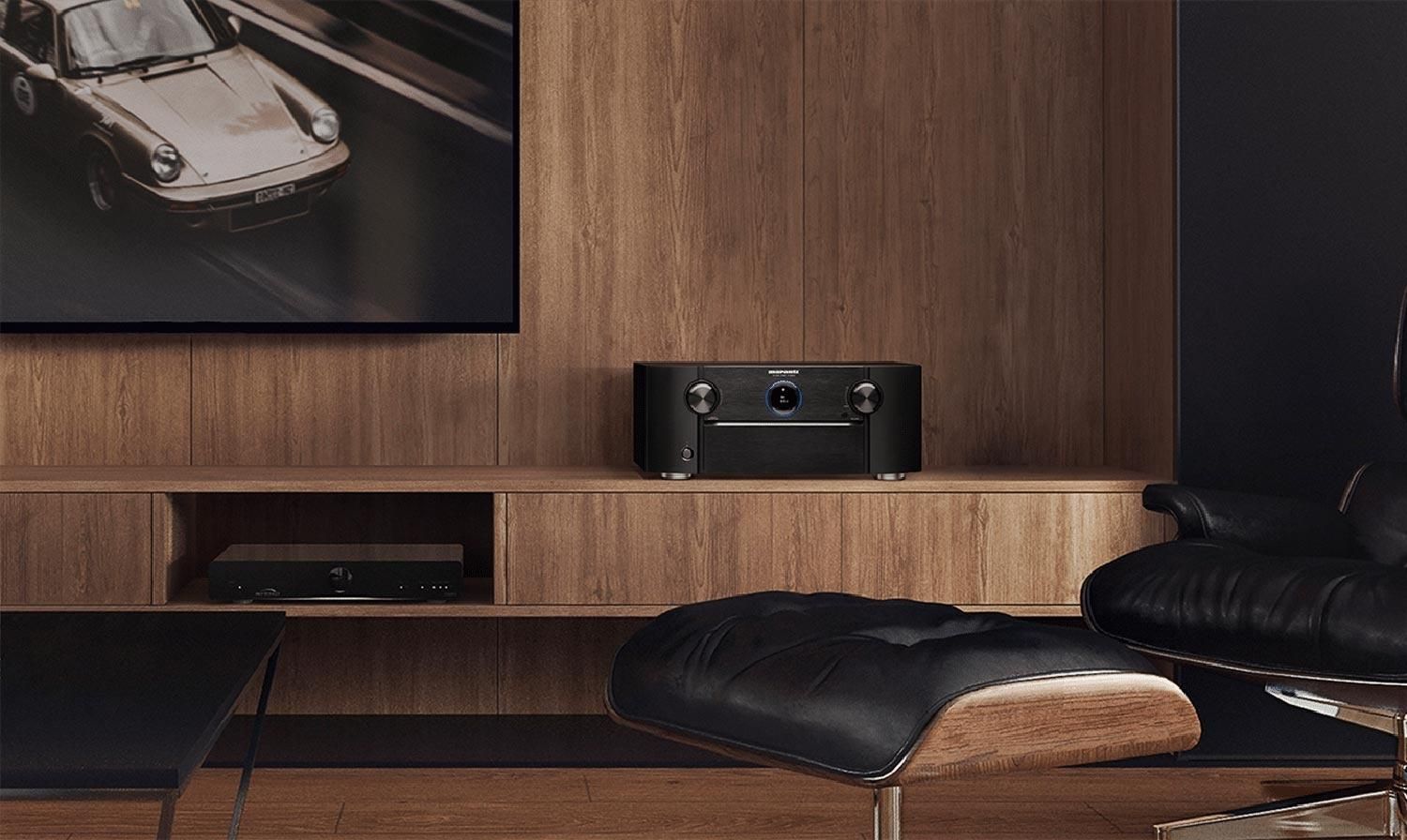 Marantz AV8805A product on a dresser in front of wooden wall